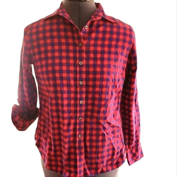 Talbots Shirt top button up Red Flannel 100% cotton blue plaid fall winter gorp - Picture 1 of 8